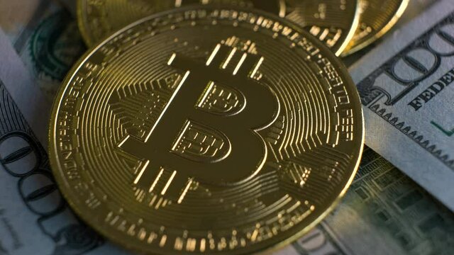 Close up of metal shiny bitcoin crypto currency.
