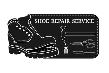 Shoe repair service. Vector image of logo. Trendy concept in old retro style