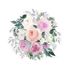 Fototapeta premium Vintage flowers bouquet with green leaves painting watercolor