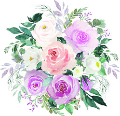 Vintage flowers bouquet with green leaves painting watercolor illustration vector