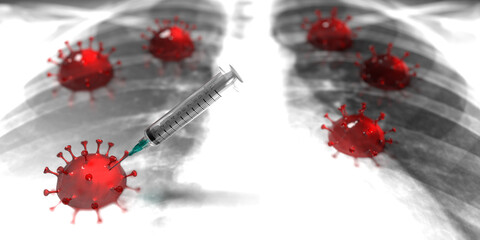 Vaccine against Covid-19 concept: Many 3D rendered red transparent corona virus cells. One with a medical needle inserted. In background the x-ray film of a human lung in blurry black and white.