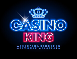 Vector neon banner Casino King with Decorative Crown. Blue light Font. Glowing Alphabet Letters and Numbers set
