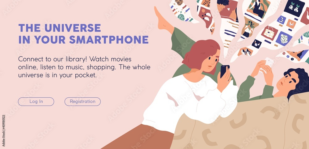 Aufkleber People with phones using mobile app for online shopping and entertainment. Ad template offering digital application. Design of web banner with place for text. Colored flat vector illustration