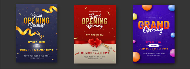 Grand Opening Ceremony Invitation Or Flyer Design With Event Details In Three Color Options. - obrazy, fototapety, plakaty