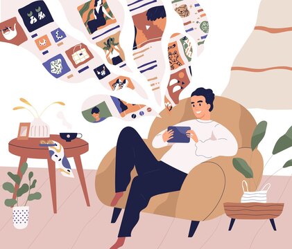 Young man relaxing at home and using tablet PC. Guy surfing internet with smartphone, chatting and shopping online while sitting in armchair in cozy room. Colored flat vector illustration