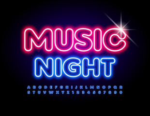 Vector neon poster Music Night. Light tube Font. Blue Glowing Alphabet Letters and Numbers set