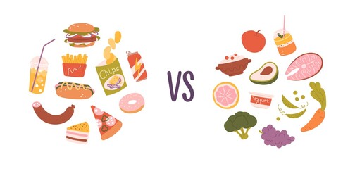 Healthy vs unhealthy food. Concept of choice between good and bad nutrition. Fastfood, sweet and fat eating versus balanced product set. Colored flat vector illustration isolated on white background