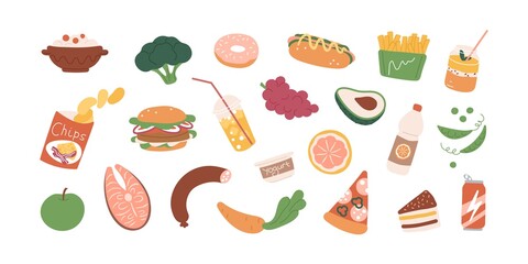 Colored food icons of healthy and fast food - vegetables, drinks, snacks, fruits, avocado, chips, burger, fries and cake. Set of groceries isolated on white background. Flat vector illustration