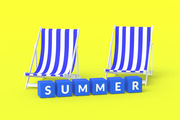 Striped beach chairs and cubes with word summer on yellow background. Summertime. Relax on the beach, resort. Sunbathing. Exotic vacation. 3d rendering