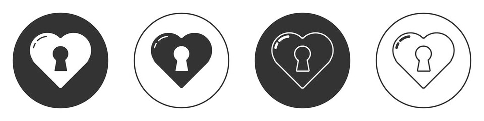 Black Heart with keyhole icon isolated on white background. Locked Heart. Love symbol and keyhole sign. Circle button. Vector.