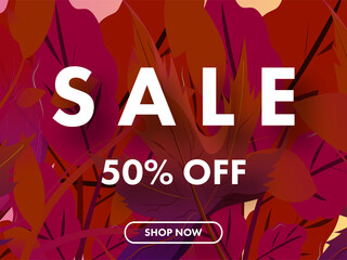 Sale Poster Or Banner Design With 50% Discount Offer On Gradient Leaves Background.