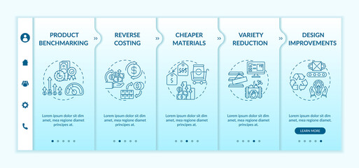 Cost reduction strategies onboarding vector template. Responsive mobile website with icons. Design improvements. Business processes optimization. Webpage walkthrough 5 steps screens. RGB color concept