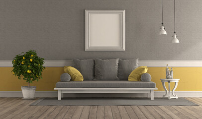 Gray and yellow retro living room