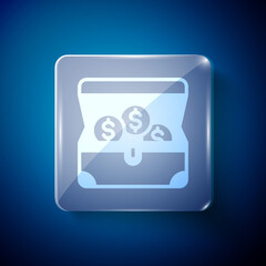 White Treasure chest icon isolated on blue background. Square glass panels. Vector.