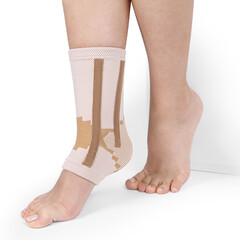 Orthopedic Ankle Brace. Medical Ankle Bandage. Medical Ankle Support Strap Adjustable Wrap Bandage Brace foot Pain Relief Sport. Leg Brace isolated on white background. Trauma Ankle orthosis. Injury