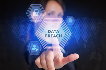 Business, Technology, Internet and network concept. Young businessman working on a virtual screen of the future and sees the inscription: Data breach