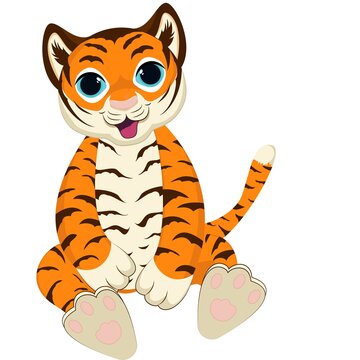 A small cute cartoon tiger cub sits on a white background.