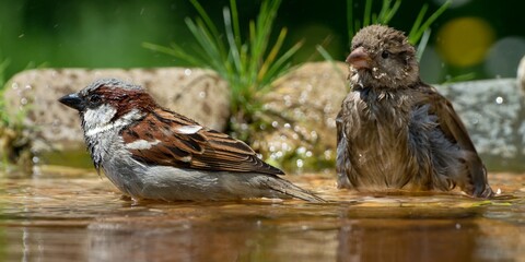  House sparrows - Passer domesticus - couple bathe. Czechia. Europe.