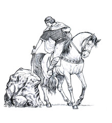 Fototapeta na wymiar King Arthur with excalibur. Mounted knight of camelot. Pencil drawing. 