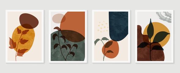 Botanical wall art vector background set. Foliage line art drawing with watercolor.  Abstract Plant Art design for wall framed prints, canvas prints, poster, home decor, cover, wallpaper.