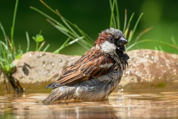 The house sparrow - Passer domesticus - male in the water. 