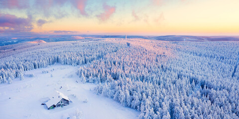 Ausblick über den tief verschneiten Wald