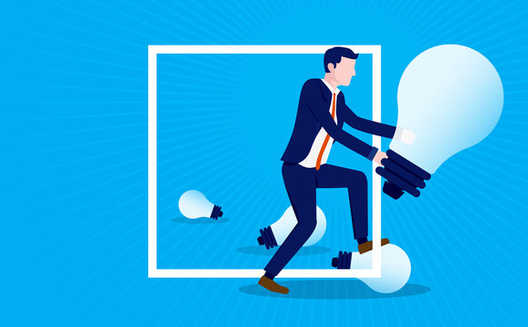 Think outside the box - Businessman with lightbulb stepping out of a square. Creative business concept about thinking different. Vector illustration.