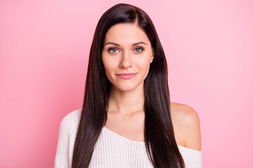 Fototapeta premium Portrait of young attractive lovely pretty smiling cheerful girl with long brown hair isolated on pink color background