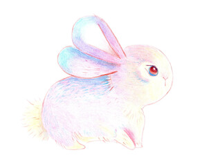 A colorful pwncil illustraton of a pink rabbit. Isolated ot the white background
