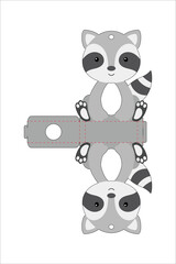 Cute easter egg holder raccoon template. Retail paper box for the easter egg. Printable color scheme. Laser cutting vector template. Isolated packaging design illustration.