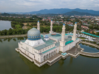 Aerial panoramic view of Kota Kinabalu City Mosque, the second main mosque in Kota Kinabalu, Sabah,...