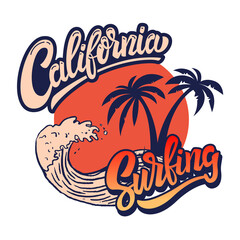 Obraz premium California surfing. Emblem template with sea waves and palms. Design element for poster, card, banner, sign, emblem. Vector illustration
