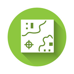 White World travel map with airplanes icon isolated with long shadow. Green circle button. Vector.