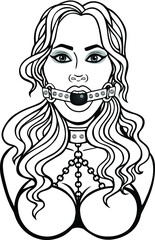 Animation portrait of the beautiful woman with a ball gag. Template for erotic content. Monochrome linear drawing.Vector illustration isolated on a white background.Print, poster, t-shirt, card.