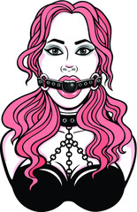 Animation portrait of the beautiful woman with a ball gag. Template for erotic content. Color drawing. Vector illustration isolated on a white background.Print, poster, t-shirt, card, emblem. 