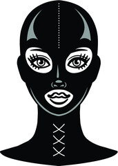 Animation portrait of the beautiful girl in a black latex mask. Template for erotic content. Vector illustration isolated on a white background. Print, poster, t-shirt, card, emblem.