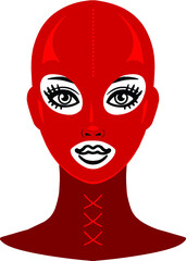 Animation portrait of the beautiful girl in a red latex mask. Template for erotic content. Vector illustration isolated on a white background. Print, poster, t-shirt, card, emblem.