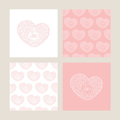 Set of romantic greeting cards and seamless patterns with vintage hearts. Backgrounds  for textile, wallpaper, covers, print, wrap, scrapbooking, Valentine's Day, birthday, wedding invitation.
