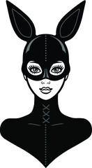 Animation portrait of the beautiful girl in a black latex suit and mask rabbit. Template for erotic content. Vector illustration isolated on a white background. Print, poster, t-shirt, card, emblem.
