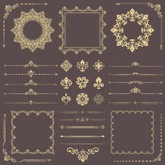Vintage set of horizontal, square and round golden elements. Different elements for backgrounds, frames and monograms. Classic patterns. Set of vintage patterns