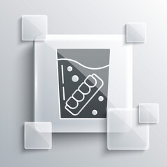 Grey False jaw in glass icon isolated on grey background. Dental jaw or dentures, false teeth with incisors. Square glass panels. Vector.