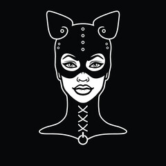 Animation portrait of the beautiful girl in a mask of a rabbit. Template for erotic content. White drawing isolated on a black background. Vector illustration. Print, poster, t-shirt, card, emblem.