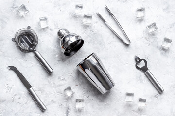 Flat lay of bar tools and utensils for cocktail