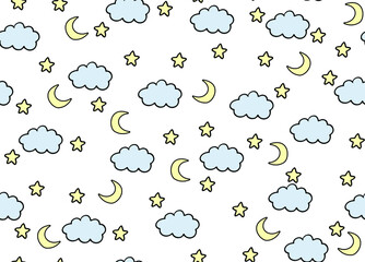 Fototapeta premium Vector hand drawn pattern of night sky. Clouds, stars, moon. Cute wallpaper for a children's room. Illustration for newborns. Simple seamless pattern