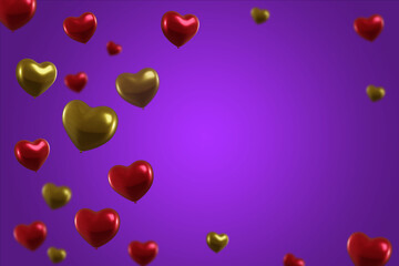 red and gold heart balloons isolated on purole background