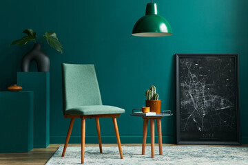 Stylish concept of living room interior with design chair, tropical leaf in vase, black mock up...