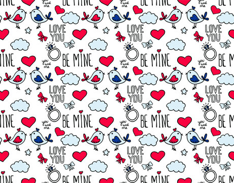 Seamless vector pattern with hand drawn love birds, hearts, bows, stars and be mine lettering.  Holiday background for Valentine's day or wedding