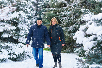 Fototapeta na wymiar couple walking in a winter forest, two adult people, man and woman, beautiful nature with bright snowy fir trees