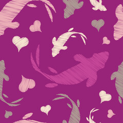 Fototapeta na wymiar Seamless pattern with hearts and fish in the sea. Valentine's Day. Embroidery on fabric. Boho texture. Vector illustration for web design or print.