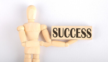 Wooden man shows with a hand to block with text SUCCESS